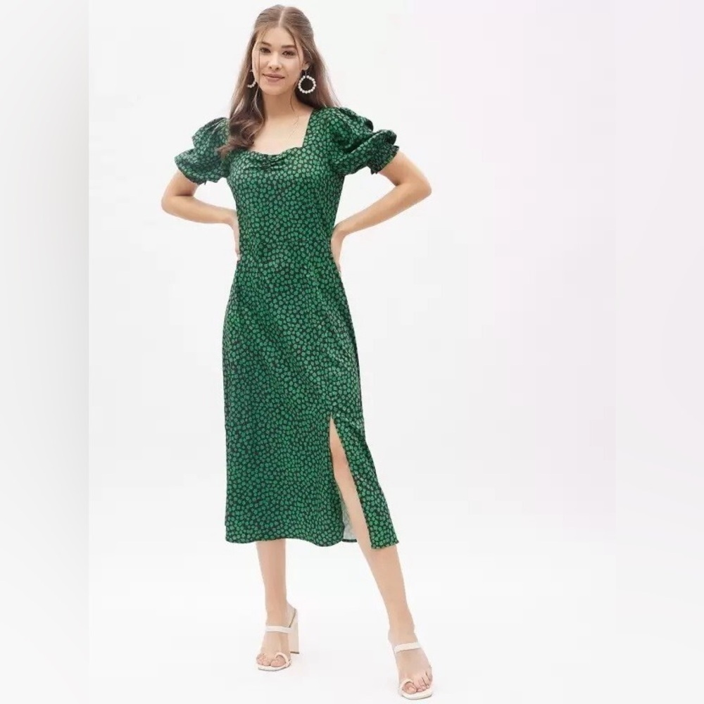 H&M Green Floral Puff-Sleeve Midi Dress